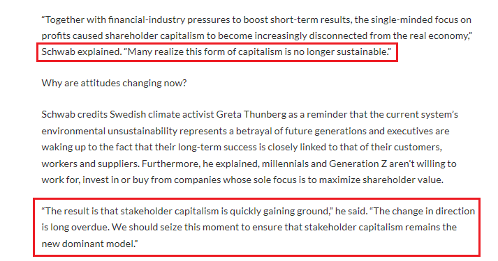 Klaus Shwab" Seizing the moment "to ensure that stakeholder capitalism remains the new dominant model"